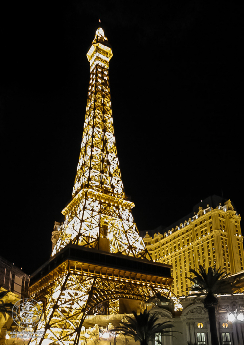 Replica of the Eiffel Tower straddling entrance to Paris Casino in Las Vegas, Nevada.