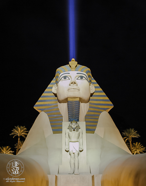 Luxor Casino sphinx statue brightly lit at night.
