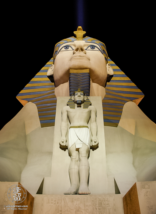 Luxor Casino sphinx statue brightly lit at night.