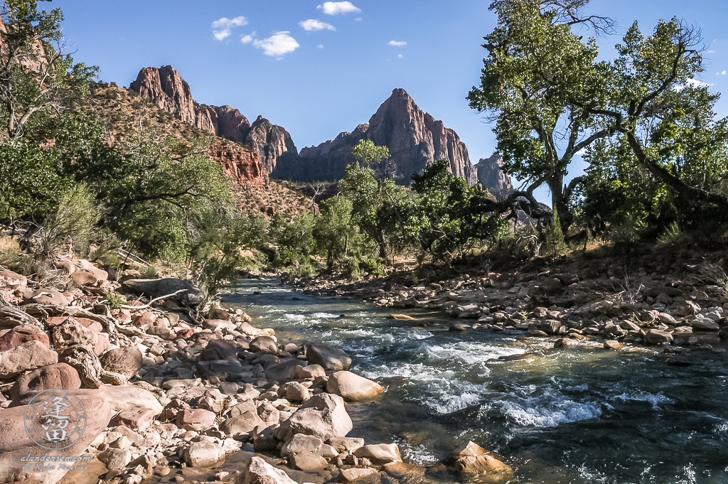Boulder-filled view of the Virgin River flowing through Utah's Zion National Park.