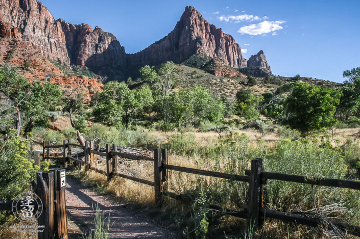 Fence-lined trail head below the Watchman in Zion National Park.