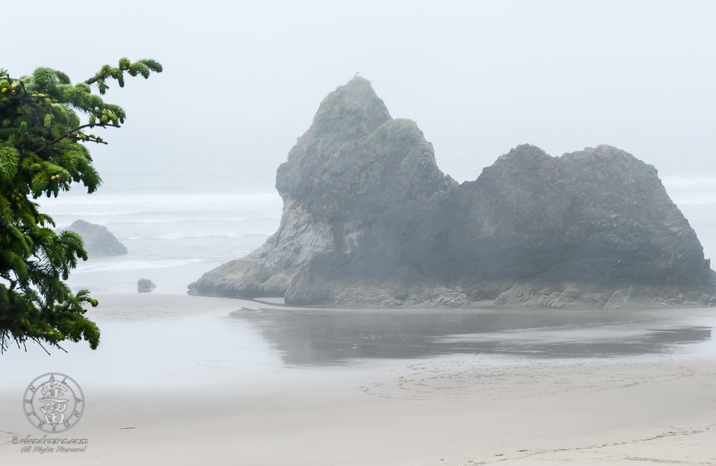 The rock formation at Arcadia Beach State Recreation Site in Oregon on a misty day.