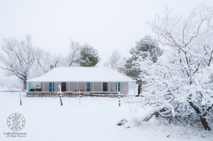 Brown Canyon Ranch house covered in fresh snow.