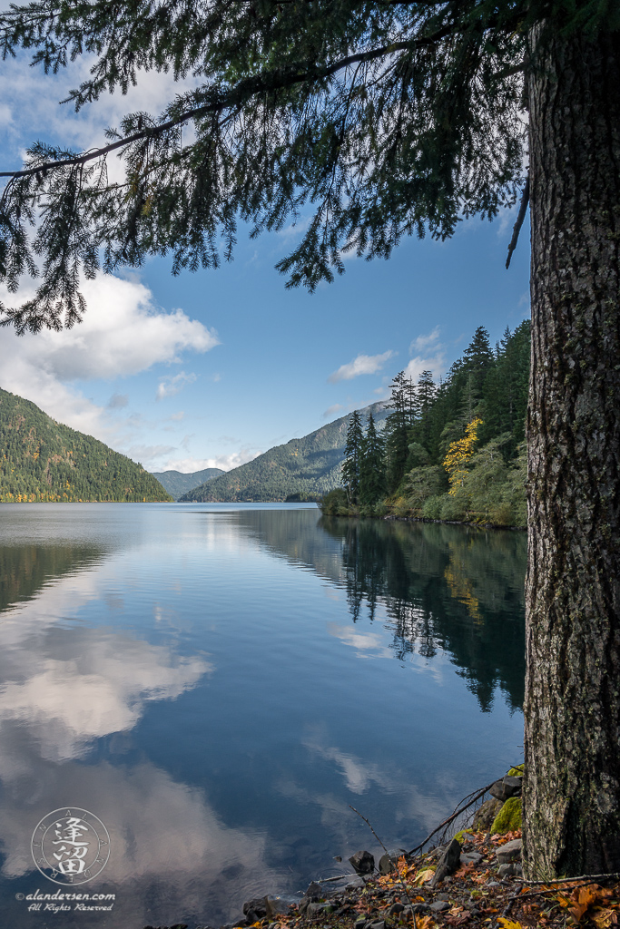 Calm pristine water reflects the forest-covered hills that surround Lake Crescent on the Olympic Peninsula in Washington.