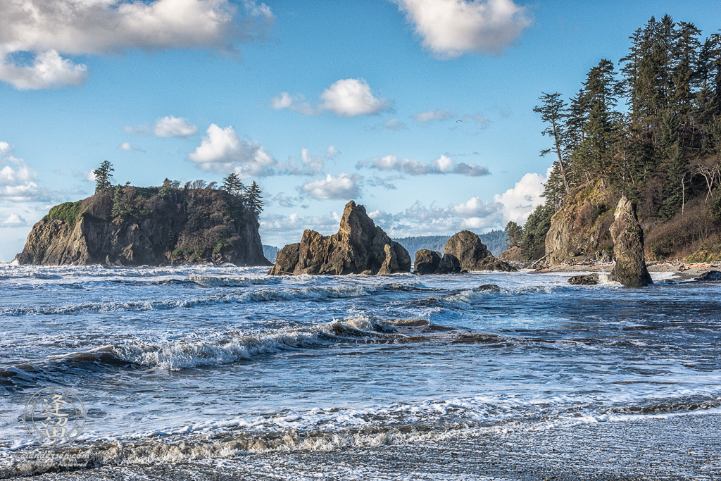 Sea stacks along the coast at Ruby Beach, part of the Olympic National Park on Washington's Olympic Peninsula.