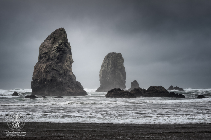 The Needles on cloudy stormy day at Cannon Beach in Oregon.