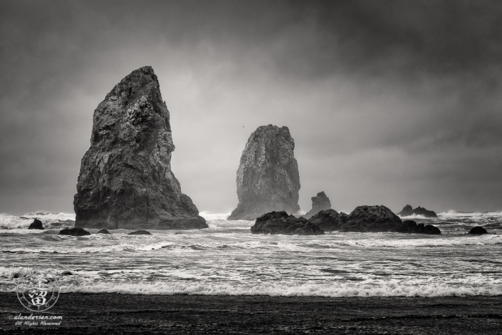 The Needles on cloudy stormy day at Cannon Beach in Oregon.