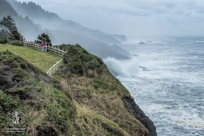 A girl and her dog walk along the top of a fenced off cliff that overlooks the crashing waves of the Pacific Ocean on a stormy day at Rocky Creek State Park in Oregon.