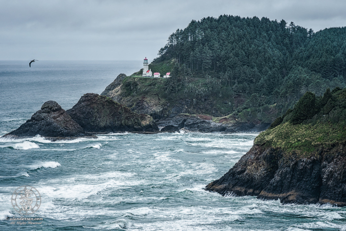 Hecata Head Lighthouse nestled snuggly against hllside above cliffs overlooking Cape Cove.