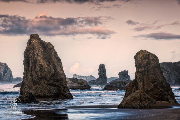 Sea stacks and beach at Face Rock State Scenic Viewpoint in Bandon, Oregon