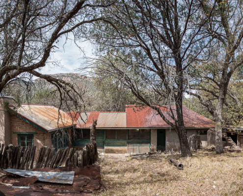 Panoramic rear view old ranch house ruins at Camp Rucker in Arizona.