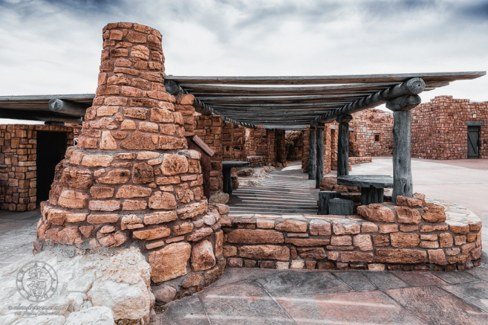 Tables and outdoor Kiva stove at Navajo Bridge Interpretive Center in Marble Canyon, Arizona.