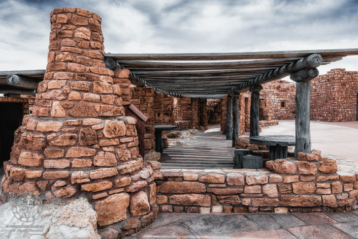 Tables and outdoor Kiva stove at Navajo Bridge Interpretive Center in Marble Canyon, Arizona.