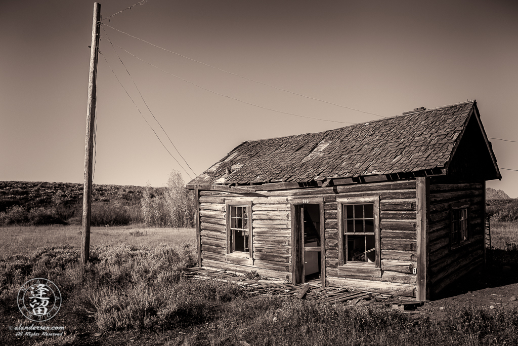 Neglected remains of cabin 736 at old Elk Ranch in Wyoming's Grand Teton National Park.