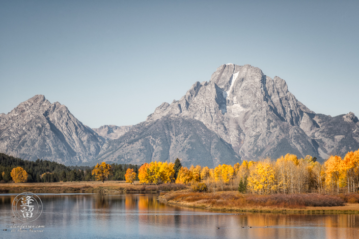 Iconic view of Oxbow Bend on Snake River in Grand Teton National Park during Autumn.
