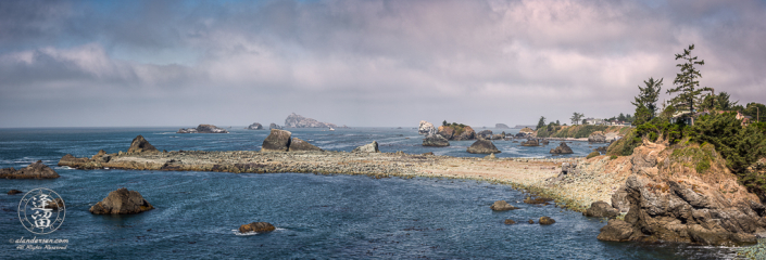 Panoramic view of finger of land comprising Preston Island in Crescent City, Northern California.