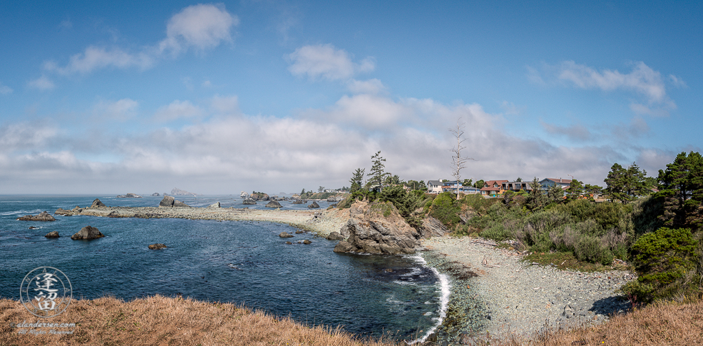 Panoramic view of finger of land comprising Preston Island in Crescent City, Northern California.