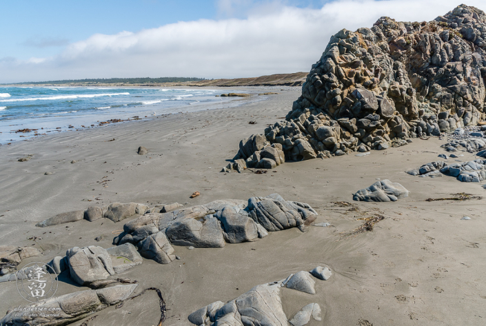 A basalt rock formation on Kellog Beach, part of the Point St George Heritage Area just North of Crescent City in Northern California.