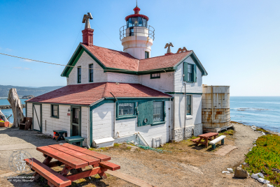 Battery Point Lighthouse 2 Side and rear view of Battery Point Lighthouse sitting atop hill at Crescent City in Northern California.