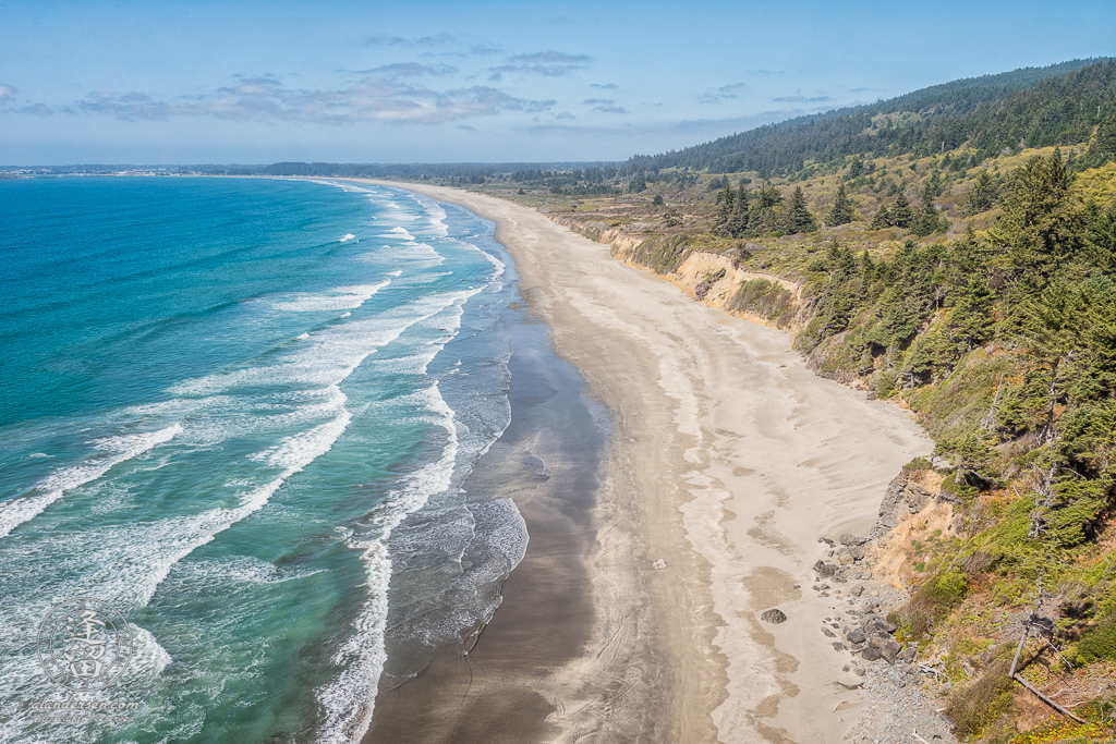 A view of Crescent Beach just South of Crescent City in Northern California. The breath-taking view of this long beautiful sandy beach was taken from atop the Crescent Beach Overlook at the end of Enderts Beach Road.
