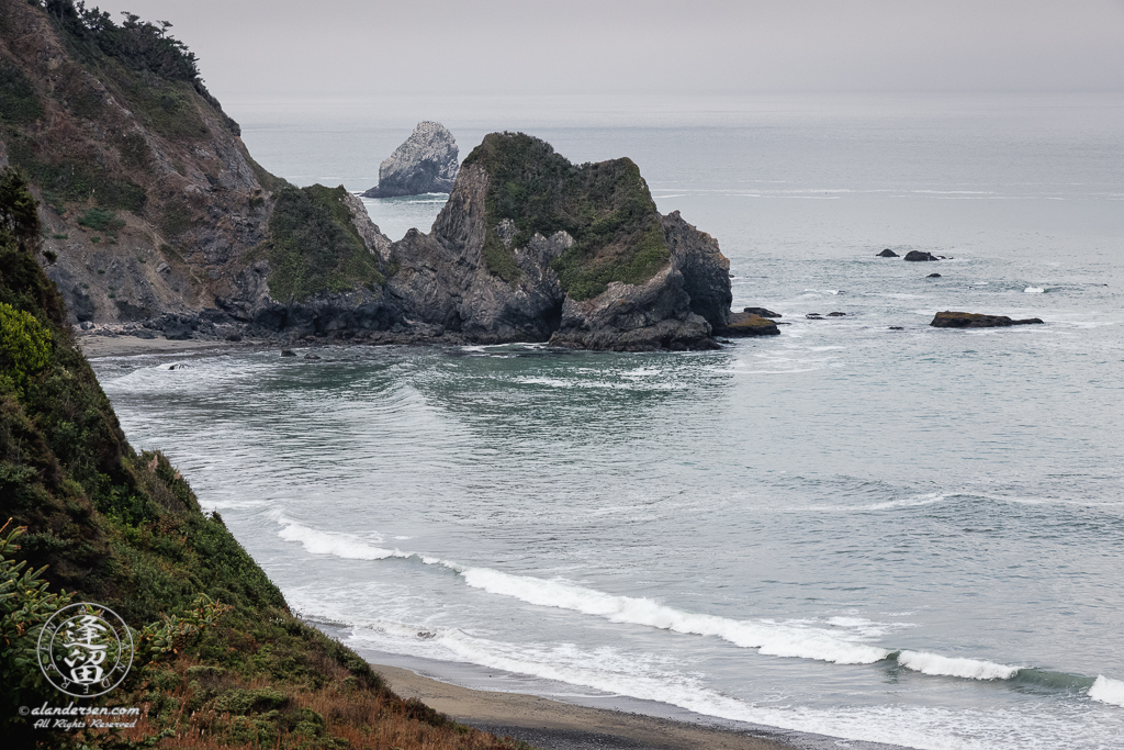 A view of Endert Beach as seen from Endert Beach Road, the Northern portion of the Last Chance Coastal Trail at Del Norte Coast Redwoods State Park, part of the Redwood National And State Parks, near Crescent City in Northern California.
