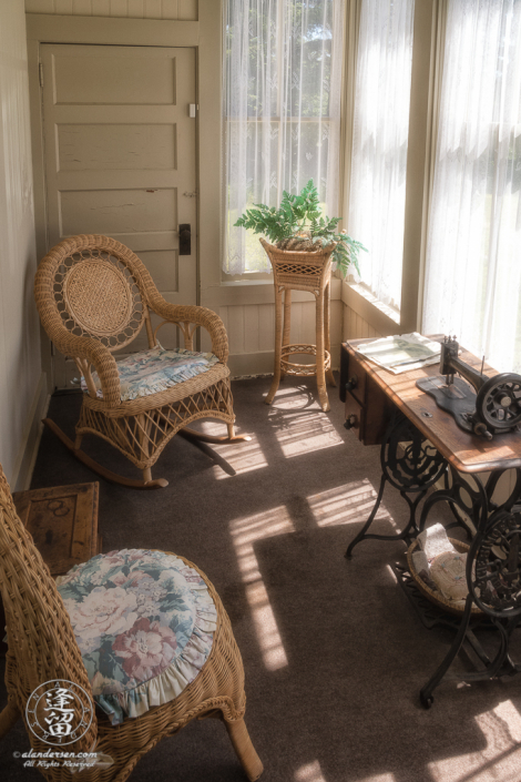 Sewing Room off the parlor in the Hughes House, a historic Victorian pioneer home near Port Orford in Curry County, Oregon.This enclosed porch area was the favorite room of Francis's wife, Annie.