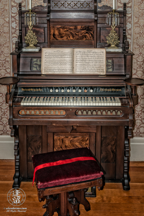 Organ in the parlor of the Hughes House, a historic Victorian pioneer home near Port Orford in Curry County, Oregon.