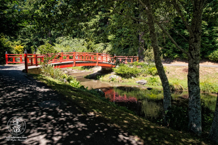 Red Japanese "Morning Song Bridge across Whispering Waters (creek)" in Choshi Gardens at Mingus Park in Coos Bay, Oregon.