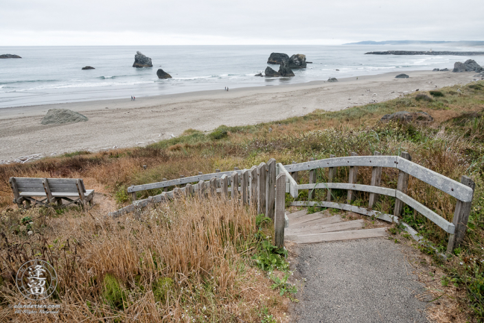 Stairs leading down to the beach at the north end of Kronenberg County Park near the 8th St SW parking area in Bandon, Oregon.