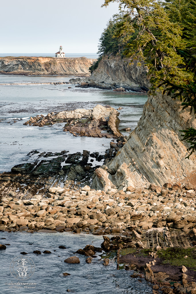 A view of the Cape Arago Lighthouse as seen from atop the cliffs near Norton Gulch at Cape Arago in Oregon.