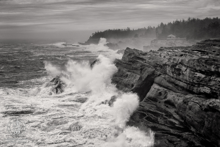 Waves pound the cliffs at Shore Acres State Park outside of Charleston in Oregon.