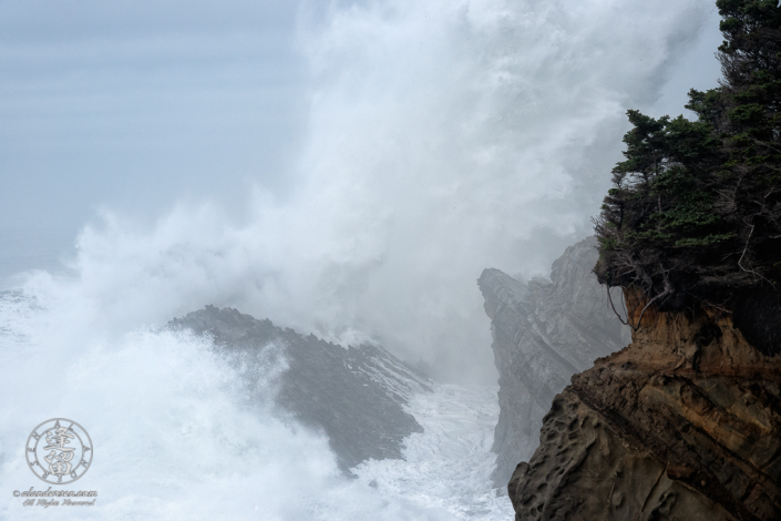 Massive waves pound the cliffs at Shore Acres State Park outside of Charleston in Oregon.