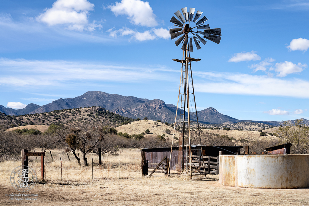 Windmill, water tank, and corrals at the Brown Canyon Ranch in Southeastern Arizona.