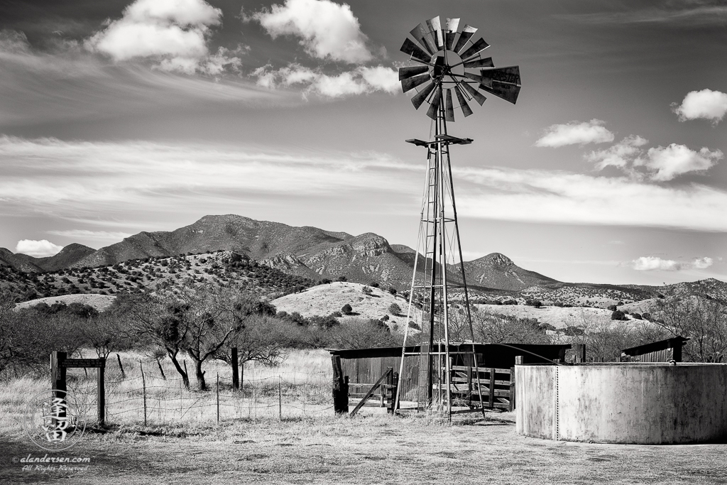 This is the windmill, water tank, and corrals at the Brown Canyon Ranch in Southeastern Arizona. Huachuca Peak (Huachuca Mountains) is in the background.