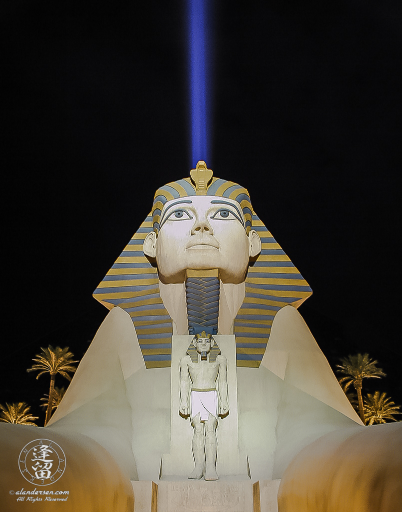 Luxor Casino sphinx statue brightly lit at night.