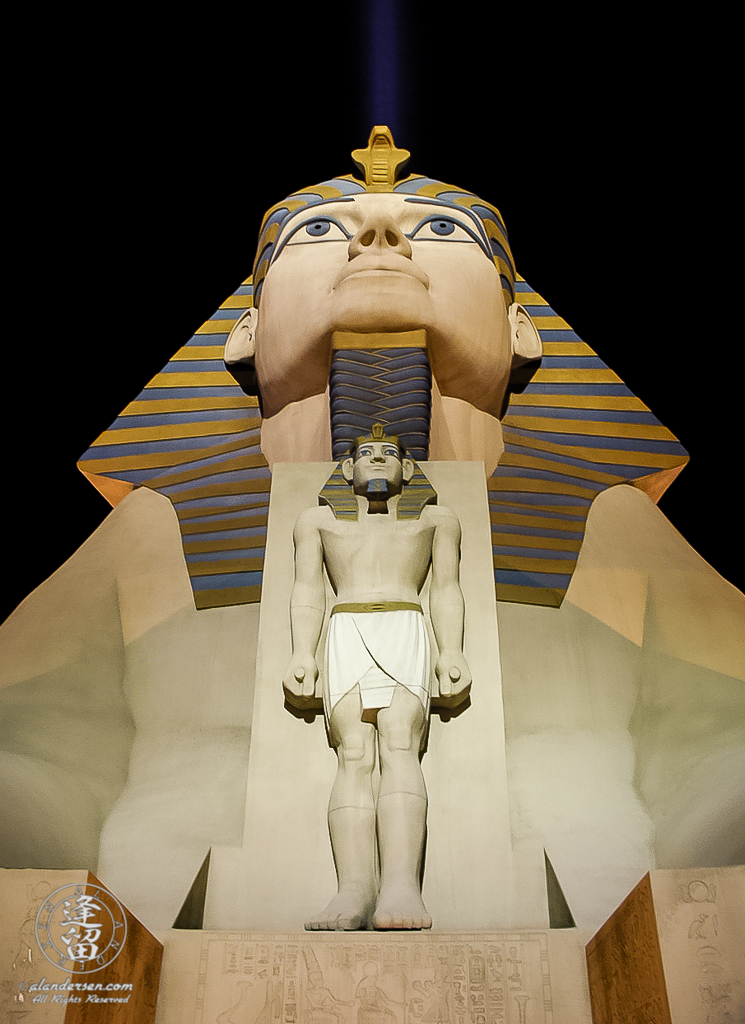 Luxor Casino sphinx statue brightly lit at night.