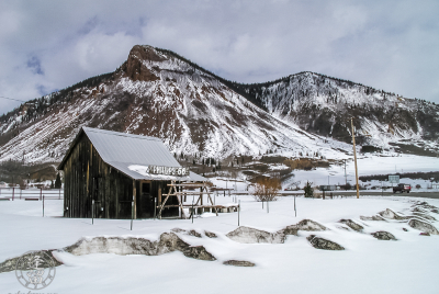 Old abandoned wooden Phillips 66 gas station in Colorado San Juan Mountains.