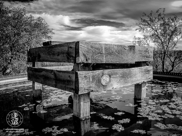 Raised wooden platform in center of filled steel water tank.