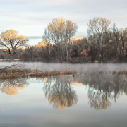 Early morning Winter mists swirling on pond.