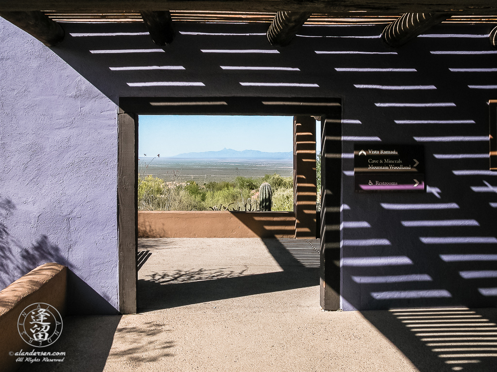 Colorful outdoor room of purples and violets with diagonal wall shadows.