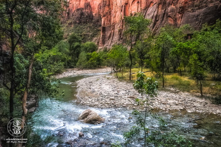 Virgin River flowing by the Riverside Walk in Utah's Zion National Park.