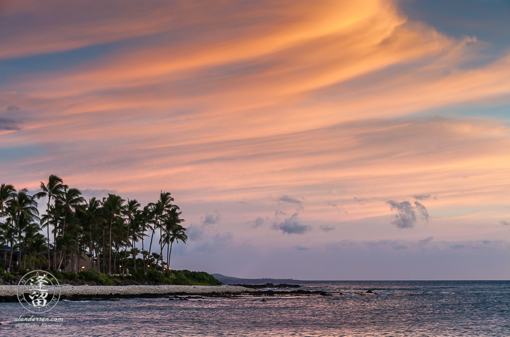 Sunset over lagoon at Hilton Waikoloa.