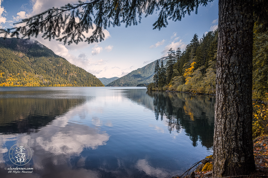 Forest covered hills reflected in calm pristine water of Lake Crescent on the Olympic Peninsula in Washington.