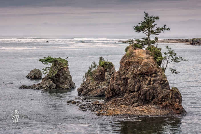 Sea Stacks rising from the water at high tide in Siletz Bay near Lincoln City, Oregon.