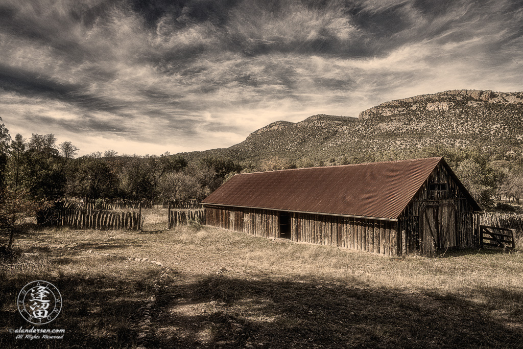 Toned image of barn at Camp Rucker near Douglas, Arizona.