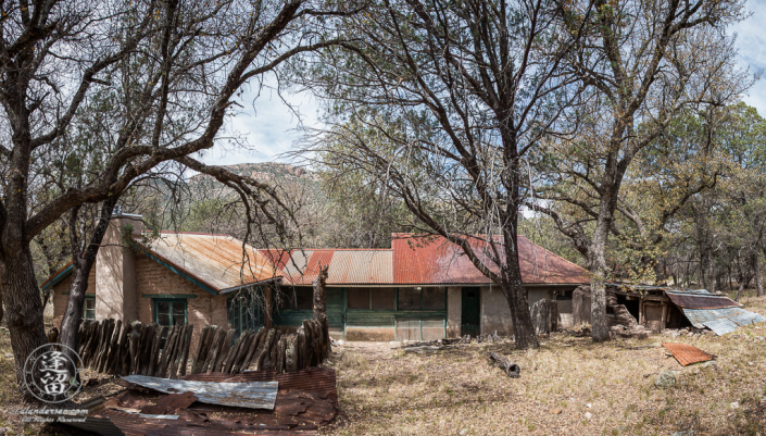 Panoramic rear view old ranch house ruins at Camp Rucker in Arizona.