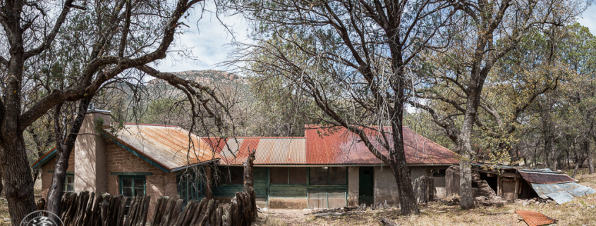 Panoramic rear view old ranch house ruins at Camp Rucker in Arizona.