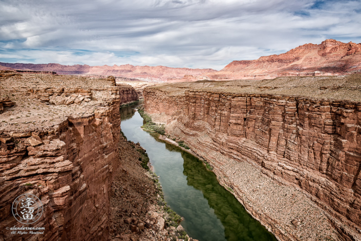 Looking upstream at Colorado River from Navajo Bridge at Marble Canyon, Arizona.