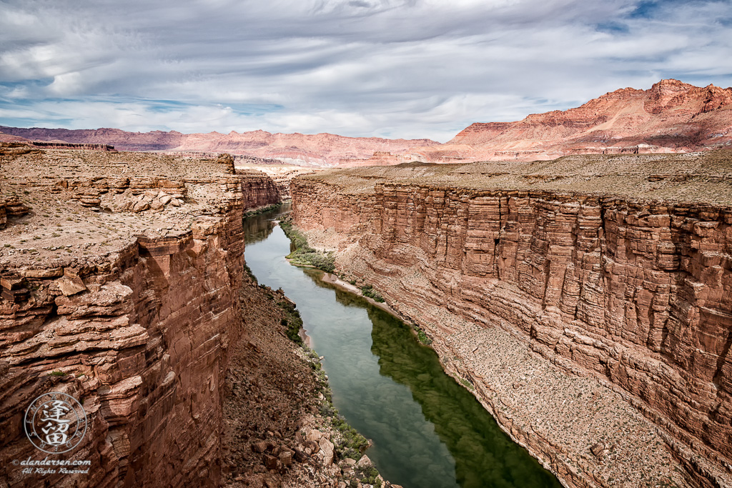 Looking upstream at Colorado River from Navajo Bridge at Marble Canyon, Arizona.