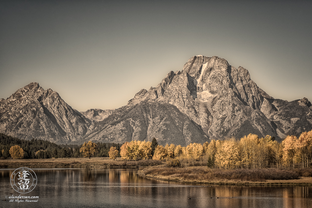 Toned iconic view of Oxbow Bend on Snake River in Grand Teton National Park during Autumn.